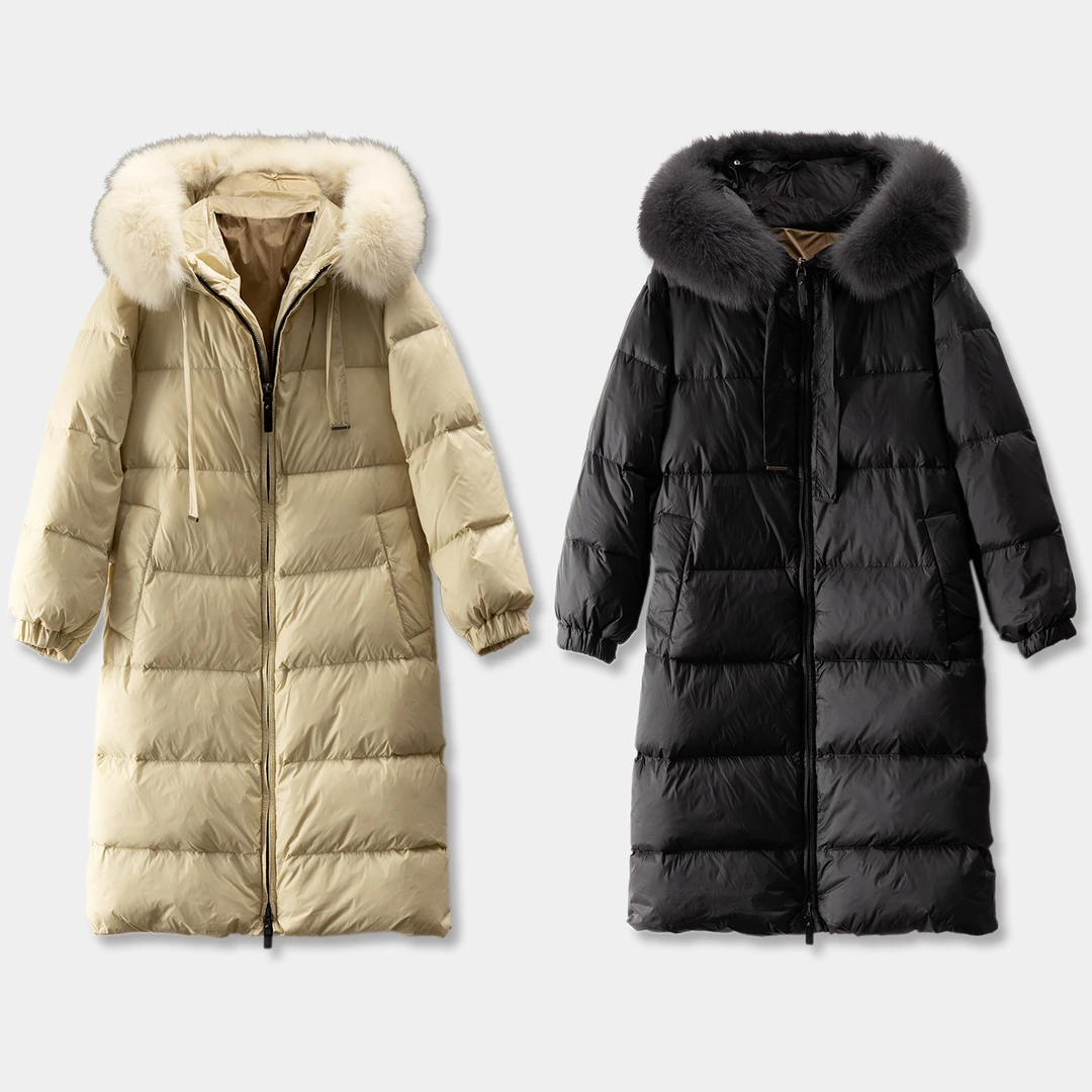 春天家 再冷也不怕！法柜狐狸毛领连帽白鸭绒中长女75E4特