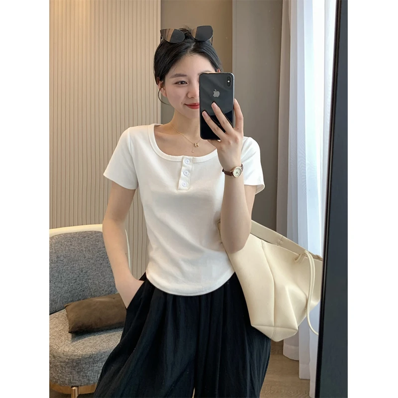 纽扣半开衫短袖T恤女新款夏季夏天正肩短款弧形下摆半袖超火上衣