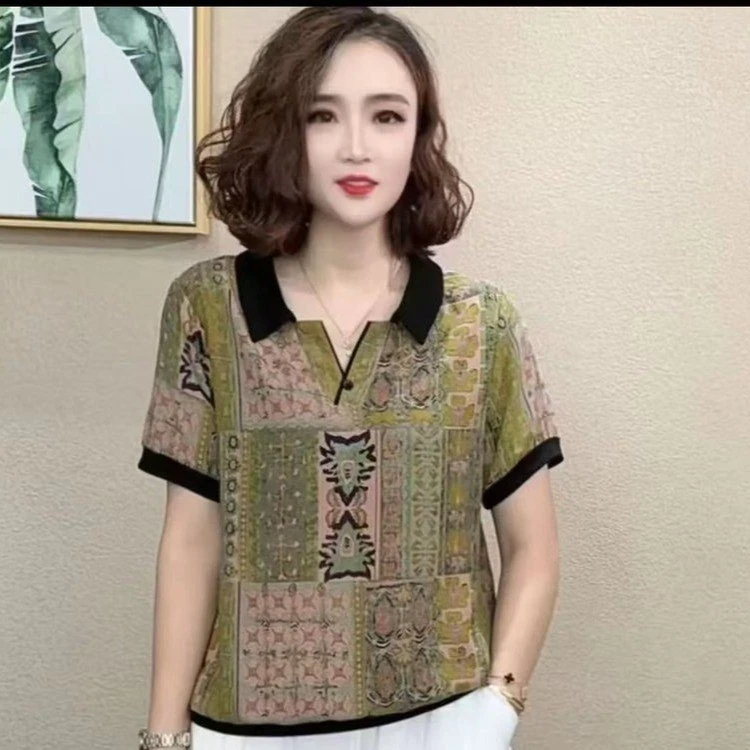 2025夏季新款时尚洋气百搭减龄显瘦气质女短袖小翻领T恤上衣