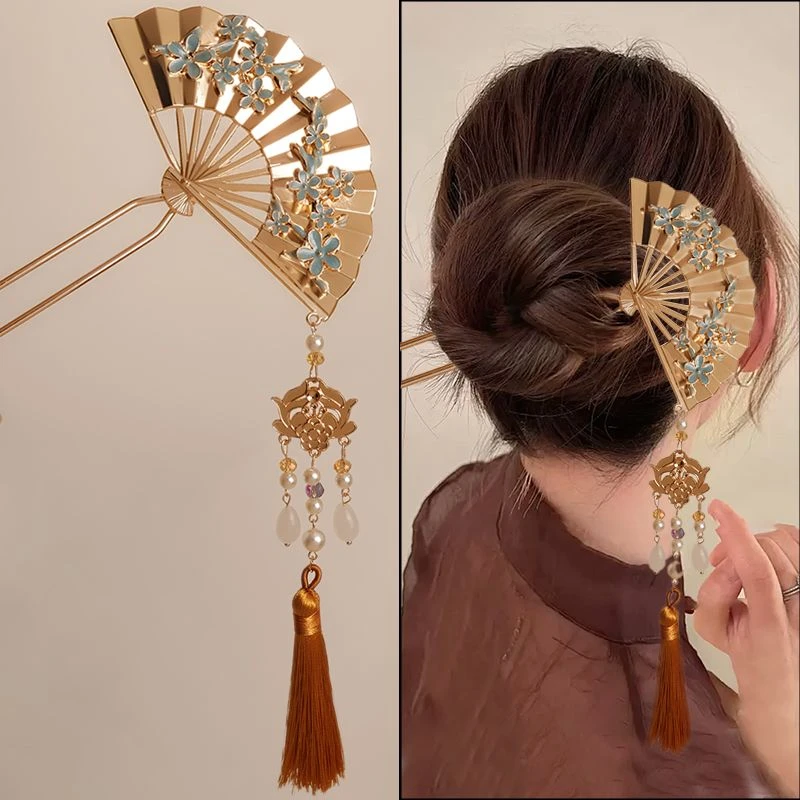 新中式扇子流苏发簪新娘秀禾头饰古风发钗马面裙簪子古典旗袍配饰