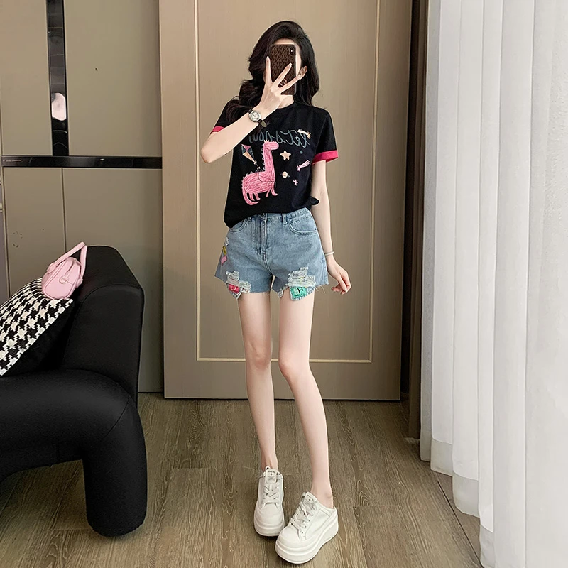 短袖t恤女2025新款夏季美式甜美减龄上衣破洞牛仔短裤A字贴布热裤