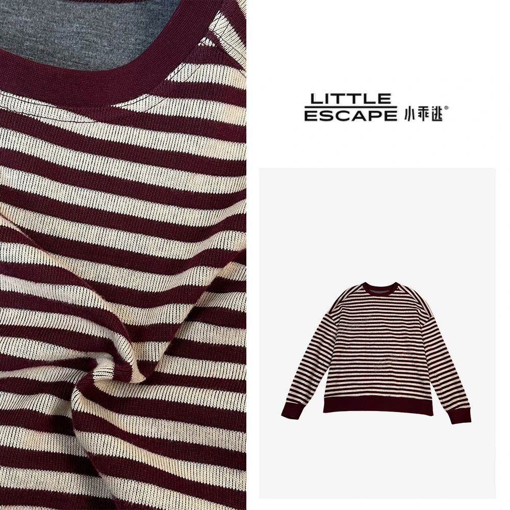 小乖逃休闲紫红色条纹卫衣T恤紫红色下摆打底圆领时尚S24129