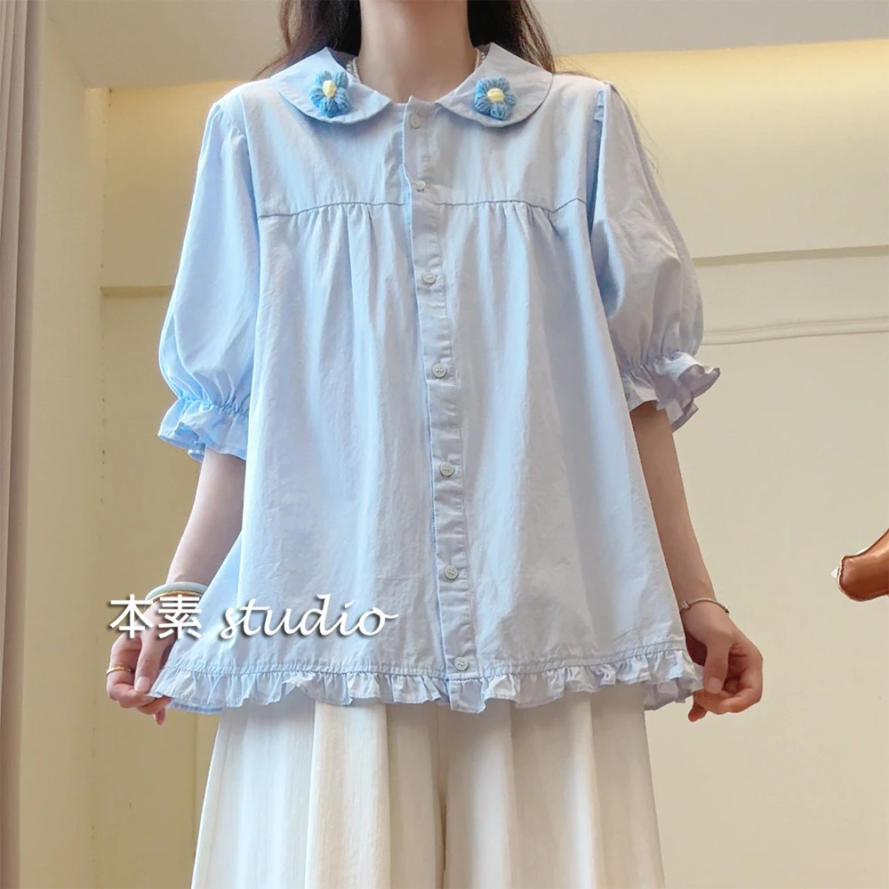 C4313小花木耳边全开扣娃娃领短袖衬衫