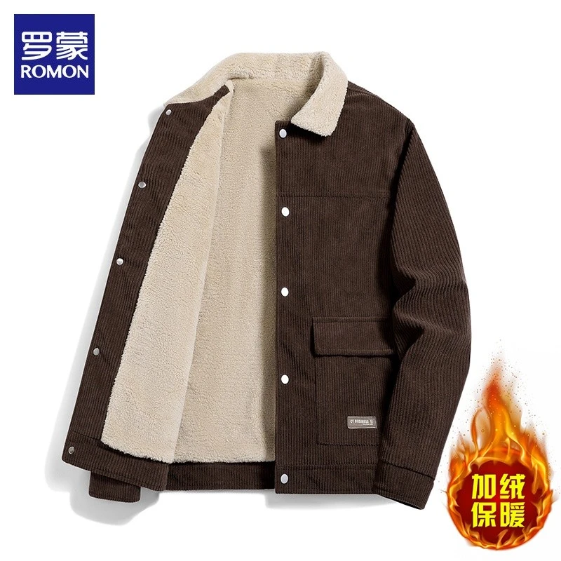 罗蒙秋冬男士灯芯绒夹克秋冬新款加绒工装休闲冬装翻领上衣外套男