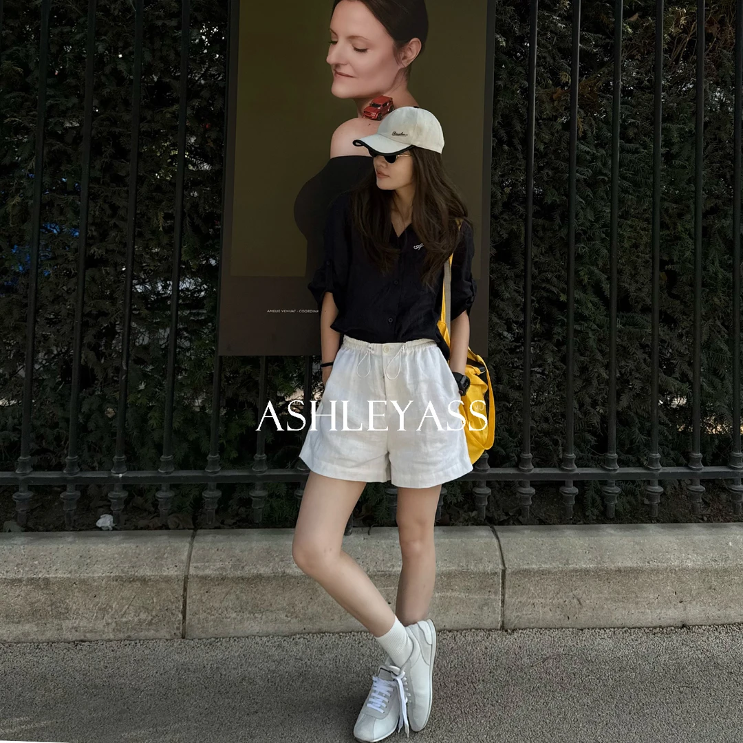 【ASHLEYASS】“橡筋抽绳短裤”松弛感橡筋亚麻休闲短裤LSK250663W