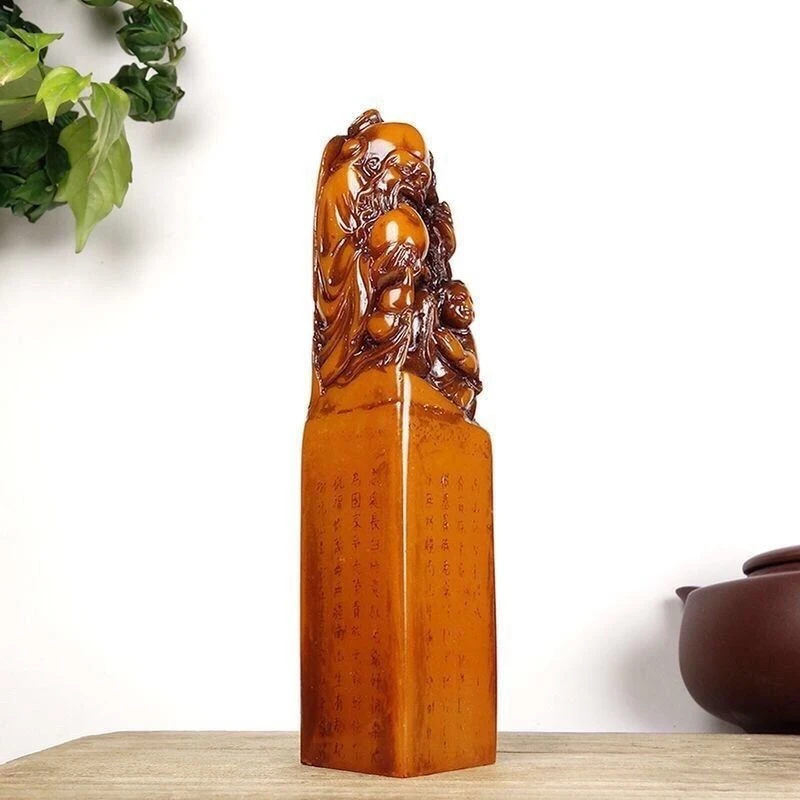 特价仿寿山石田黄石精雕寿星印章文房用品家居办公摆件3.3*15厘米