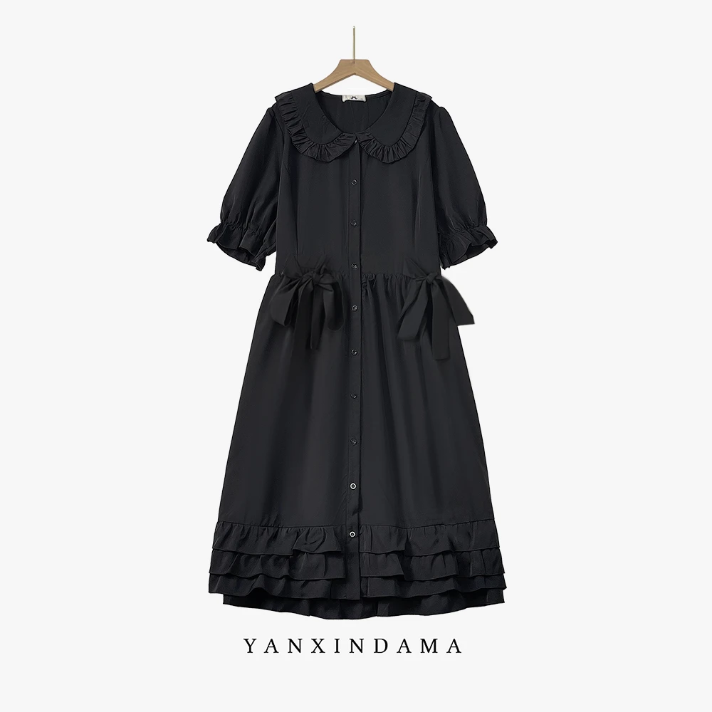 【岩心】大码女装300斤胖MM设计感法式复古简约娃娃领连衣裙66208