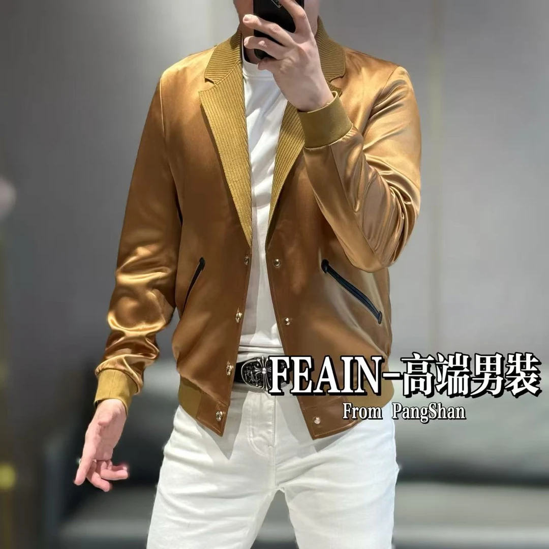 【100%醋酸】绵羊皮拼接醋酸古巴针织领设计绵羊皮拼接休闲夹克086