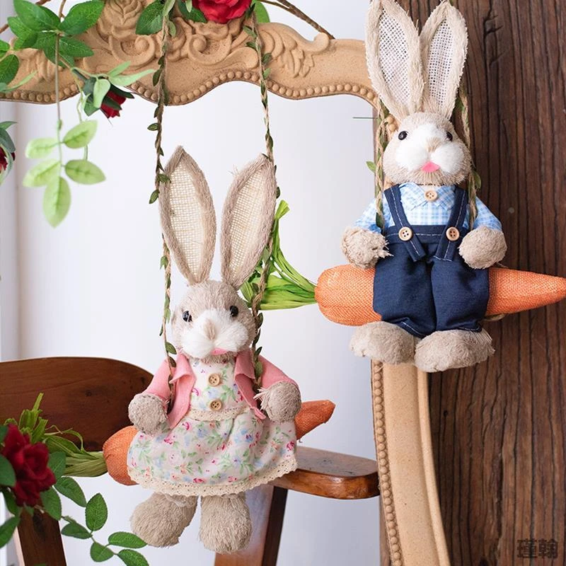 JK慕空间田园草编秋千兔坐萝卜兔子吊饰挂件幼儿园挂壁悬挂装饰品