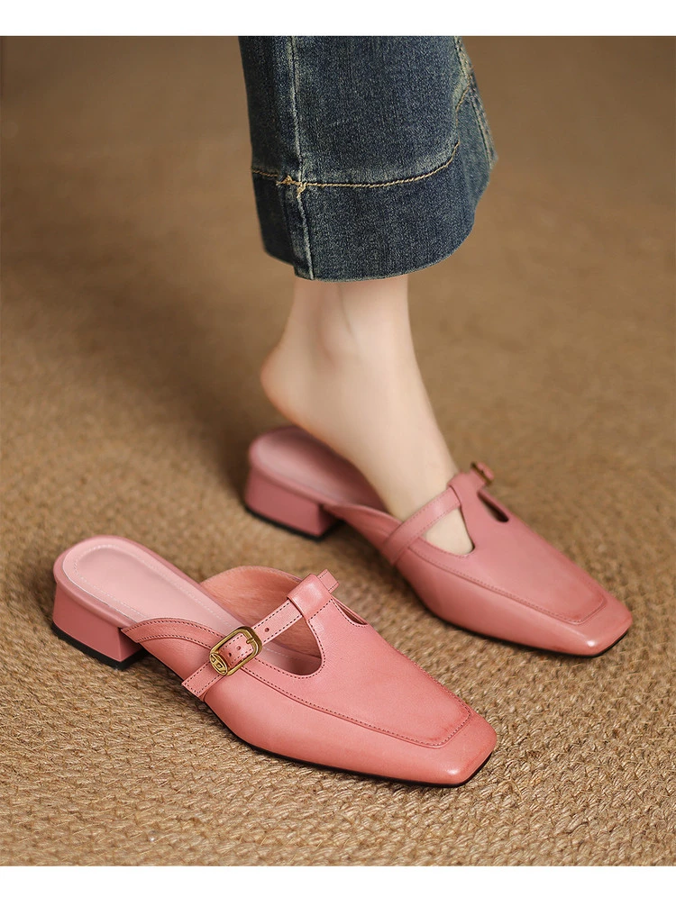 2025年春季粗跟粗跟网红时尚百搭夏季软底平底方头穆勒鞋低跟网红