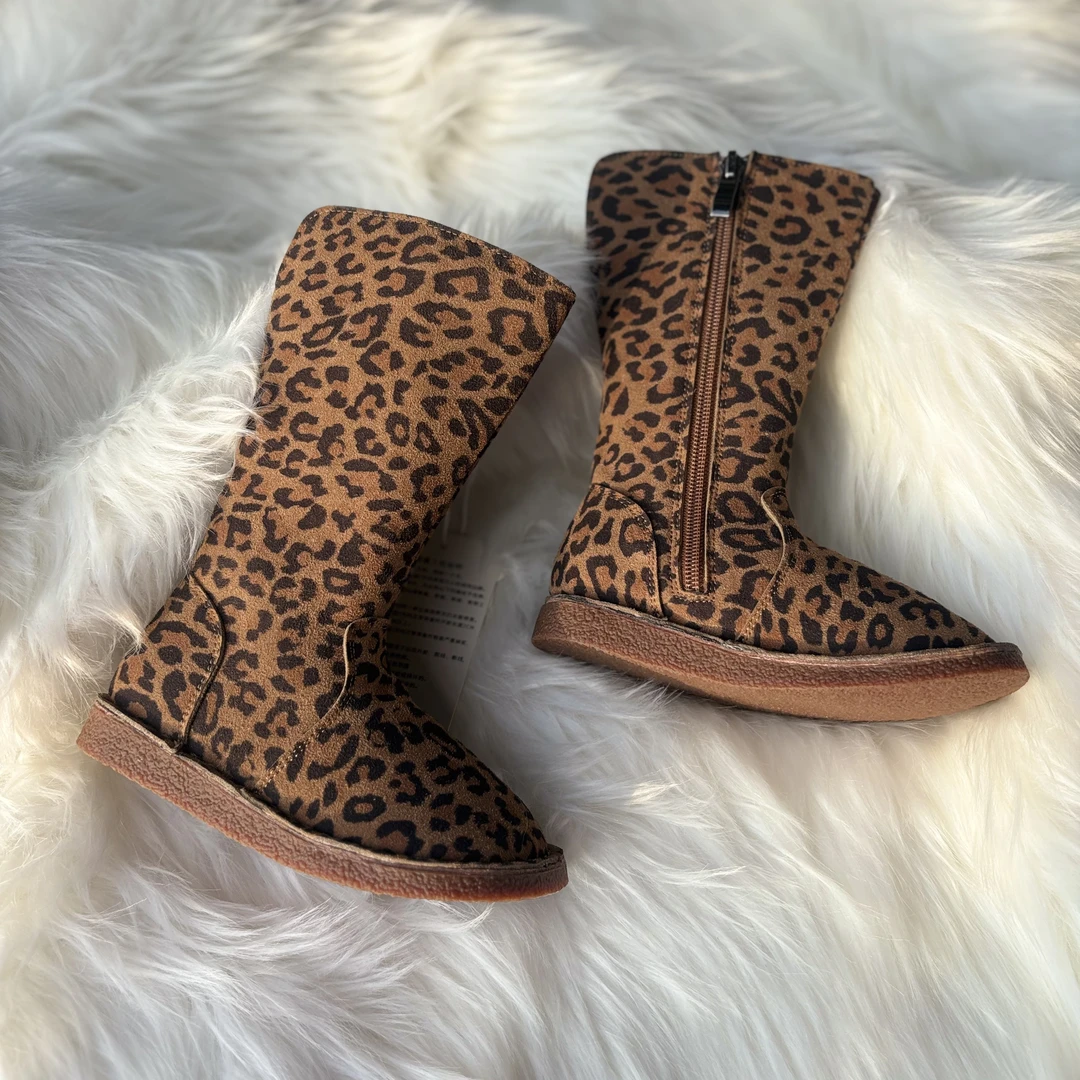 duoremi豹纹bw001薄绒女童靴平底皮靴侧拉链时尚长靴秋冬新款