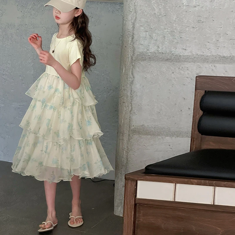 夏季中大女童短袖连衣裙童装儿童女孩蛋糕纱裙公主裙礼服裙洋气潮
