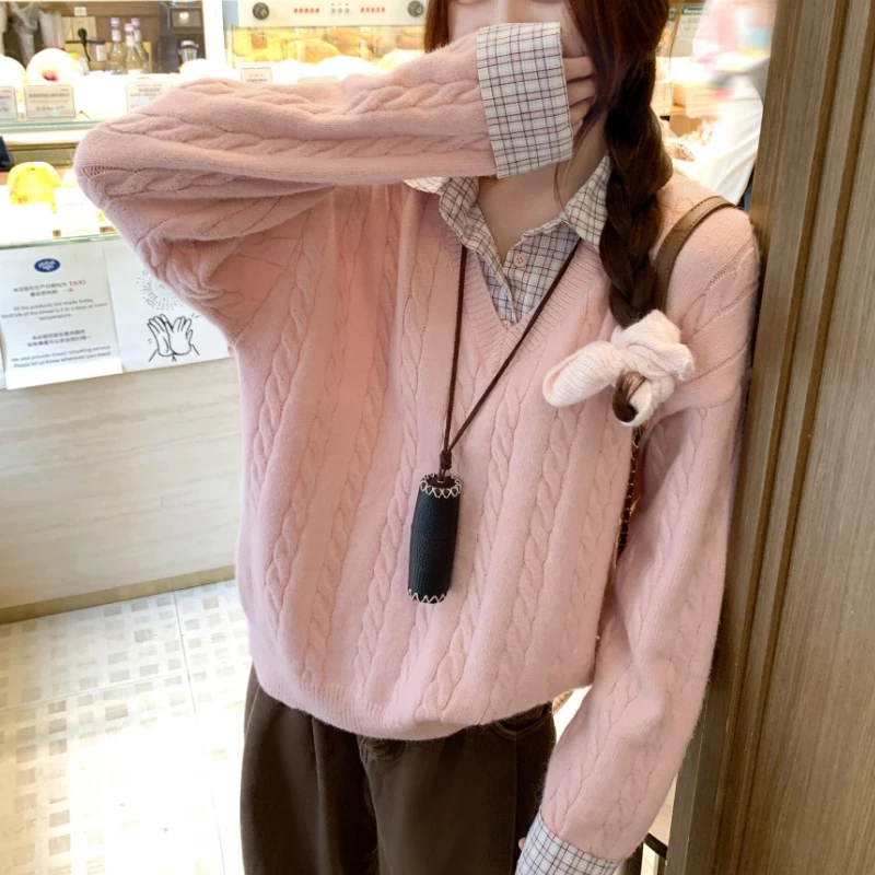 假两件格子拼接polo领长袖针织衫女2025秋冬新款甜美宽松麻花毛衣