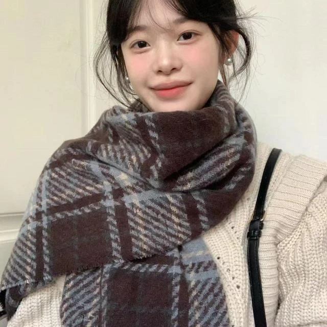 星月豚骨“藤野川”藏青格子围巾jk校供百搭保暖加厚围脖男女情侣