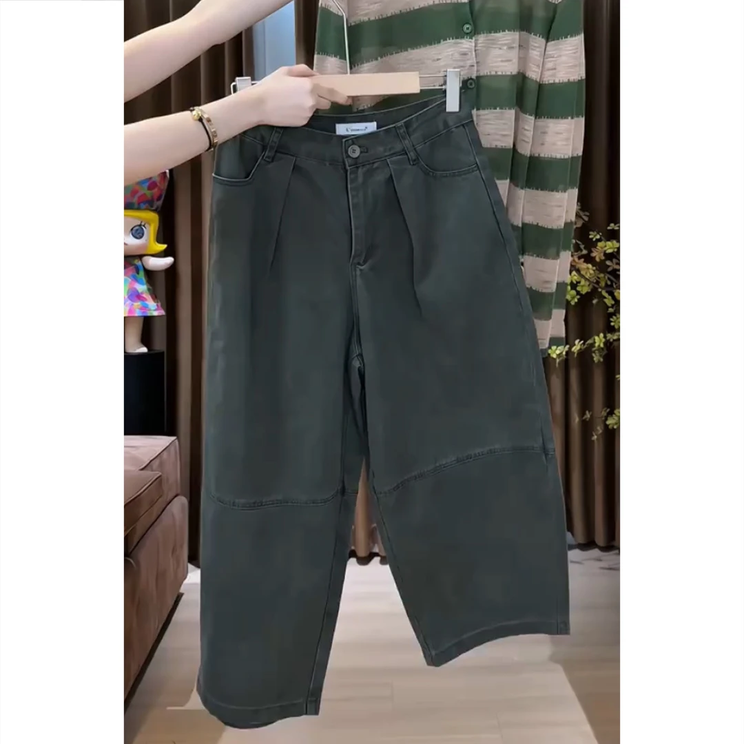 艾塔莉早秋女款高腰时尚牛仔裤宽松阔腿裤美式大码拼接九分裤褶皱