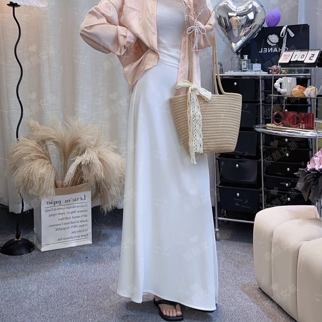 夏季高腰显瘦大摆A字半身裙加长冰丝西装裙百搭长裙女