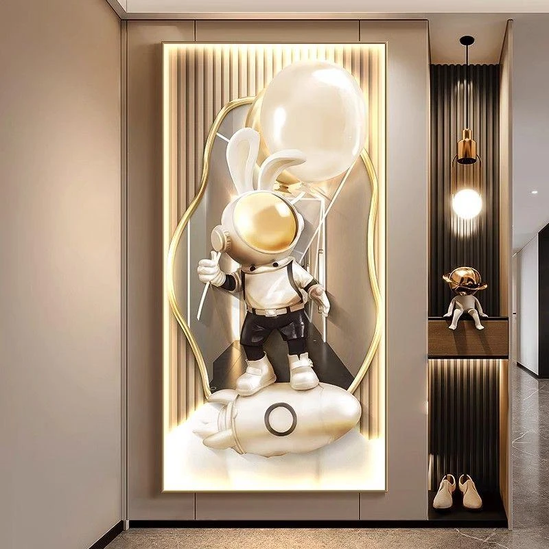 轻奢宇航员玄关装饰画太空人客厅入户带灯挂画空间感走廊过道壁画