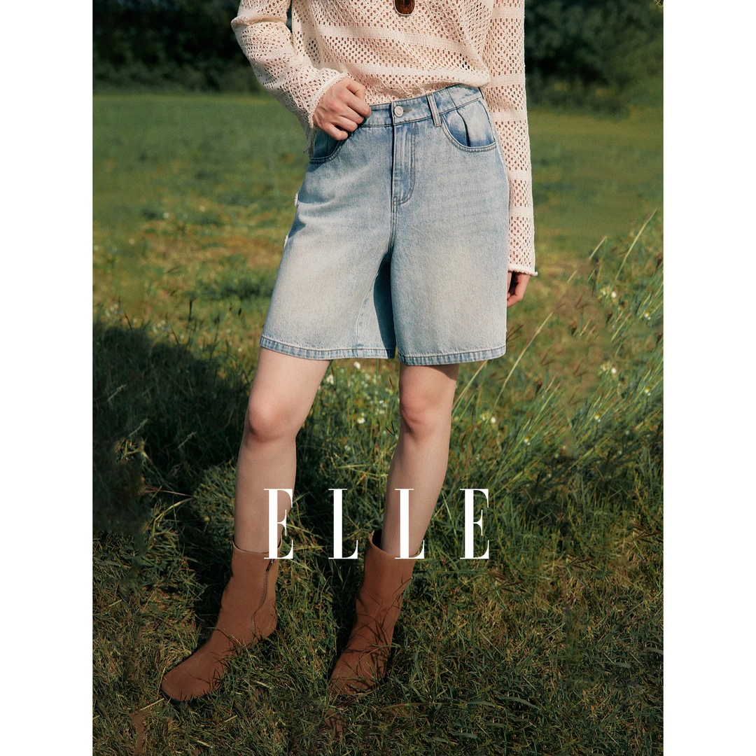 ELLE高腰毛边设计感牛仔短裤女2025春季新款显瘦EQ50980