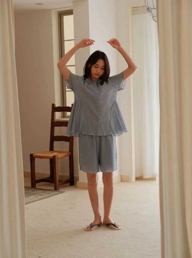 朵朵可可家居服睡衣女2025新款夏季纯棉短袖短裤褶皱薄款简约套装