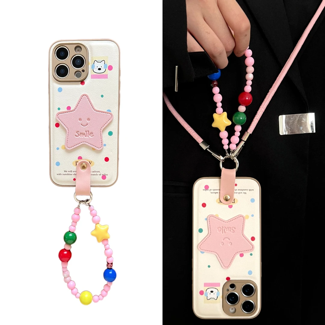 唯美ins皮纹英文彩波点粉星星适用iPhone16pro手机壳15pro华为p80