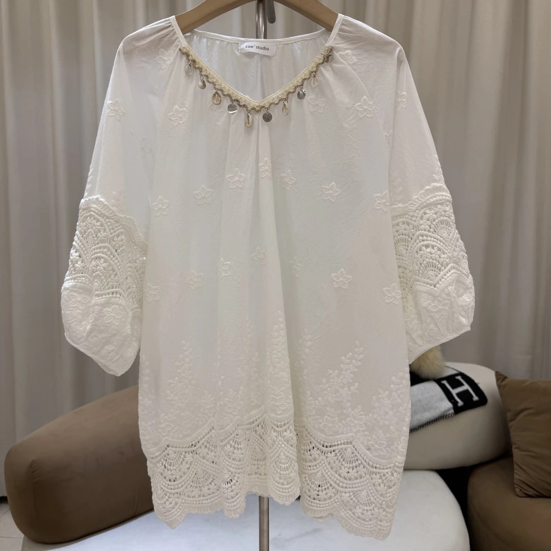 zaw大码短袖V领蕾丝衬衫女洋气遮肉宽松遮肚子气质胖mm上衣/25171