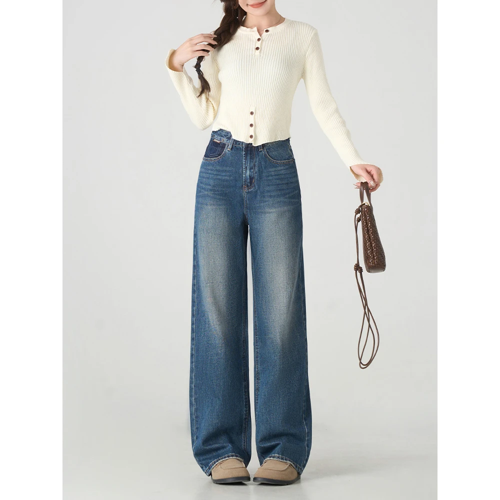 TZ阔腿牛仔裤女25年秋季新款中高腰无弹复古水洗长裤89292