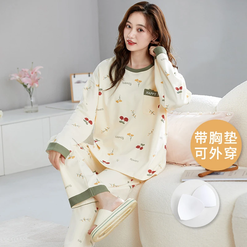 长袖长裤睡衣套装女秋冬季卡通宽松棉质带胸垫家居服大码可外穿
