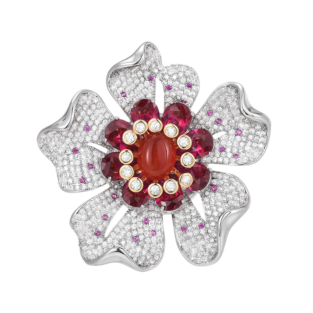 铜合金锆石胸针 红色胸花轻奢30335海棠花强磁磁吸口胸针配饰