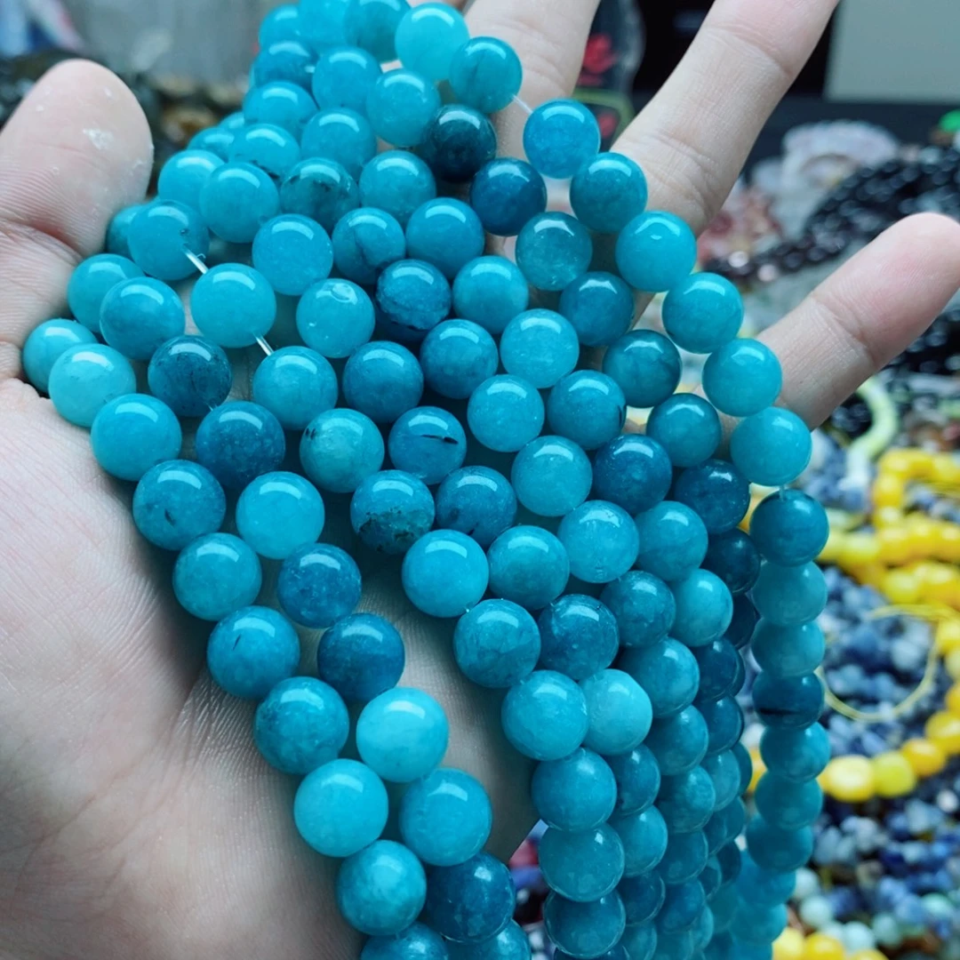 玛瑙/玉髓未镶嵌珠宝半成品一条天然10mm蓝玉髓圆珠B64