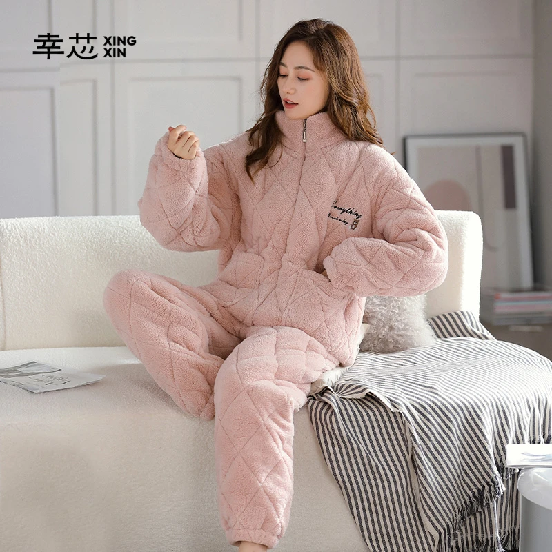 幸芯珊瑚绒睡衣女冬季三层夹棉加绒加厚冬款可外穿保暖家居服套装