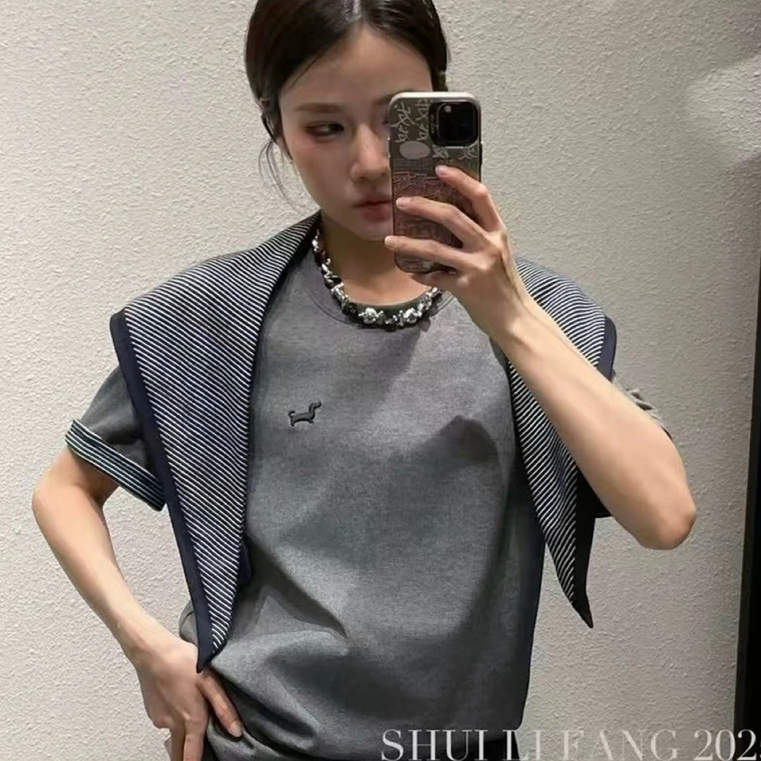 〔条纹披肩短袖T〕欧货早秋披肩卡通立体刺绣圆领短袖T恤