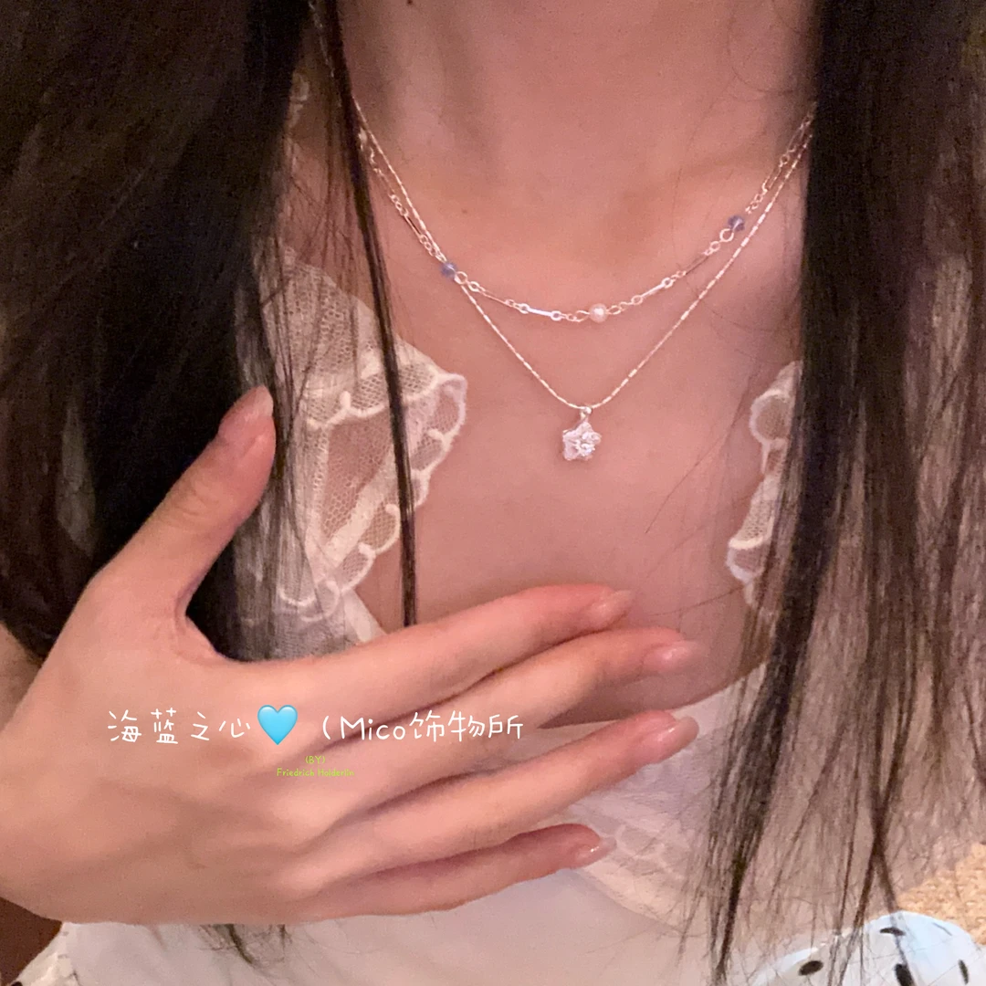 铜合金合成锆石项链 【海蓝之心】双层叠戴项链女气质温柔高级感
