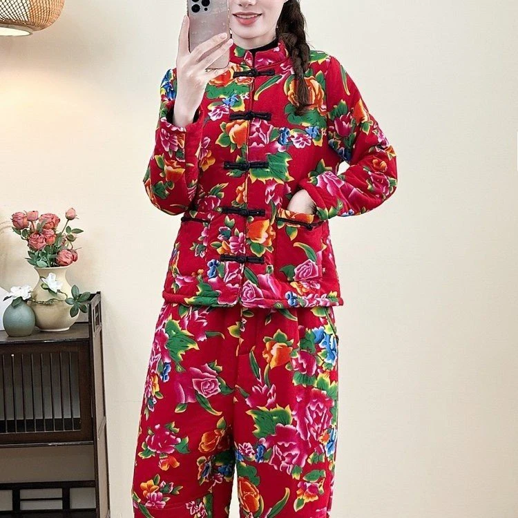 中年妈妈东北大花棉袄民族风加绒加厚棉衣棉裤套装冬季保暖两件套
