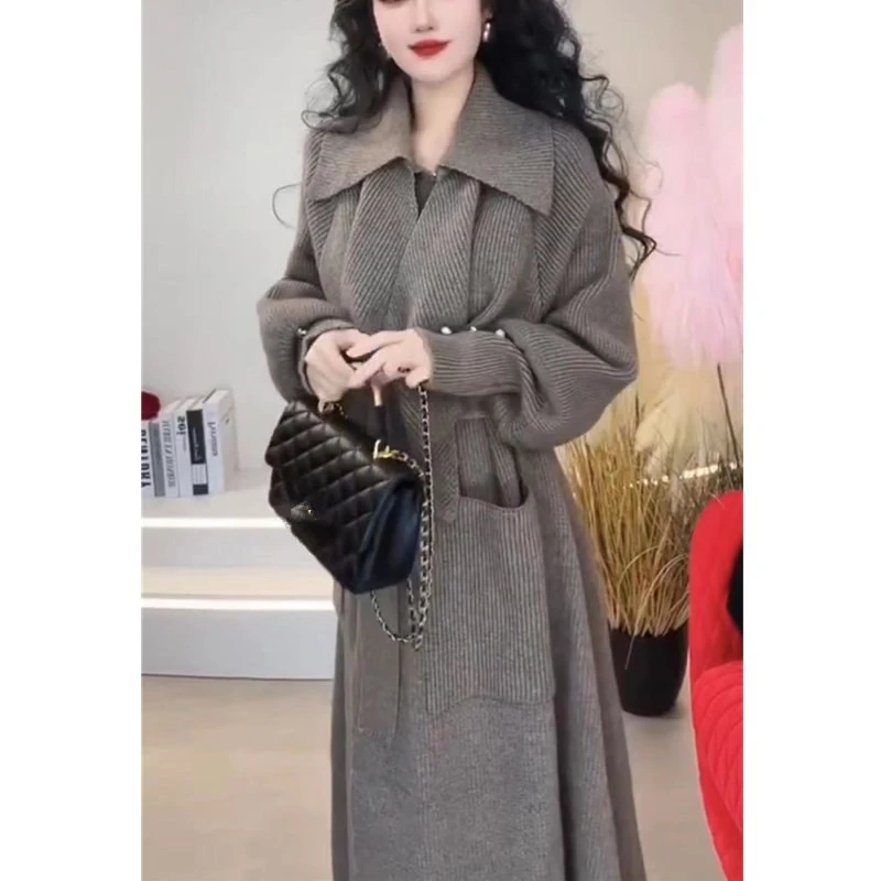 新款翻领长款女外套时尚宽松洋气软糯开衫