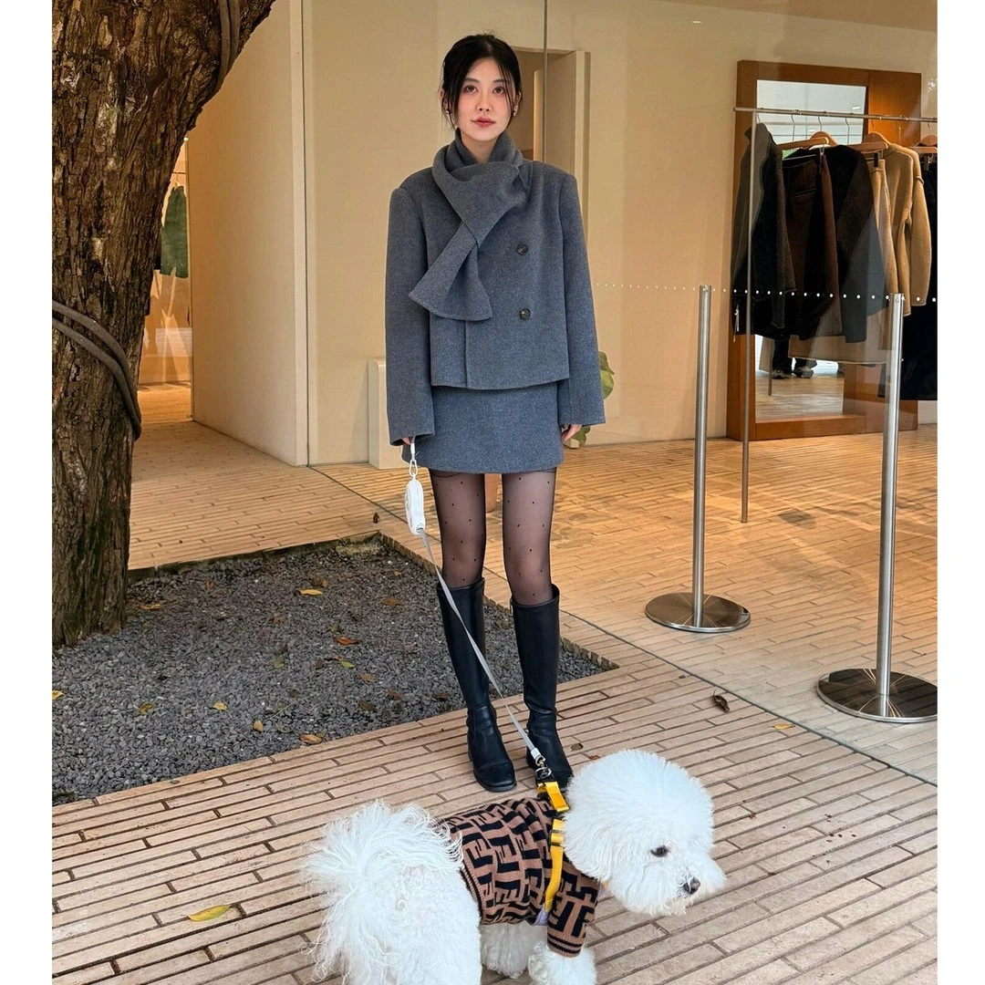 小个子小香风秋冬套装女2025新款富家千金毛呢外套半身裙子两件套