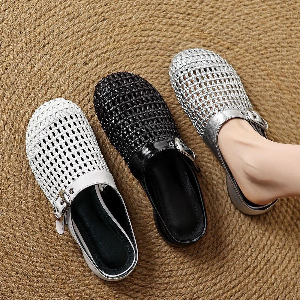 高级感真牛皮包头半拖鞋2025新款春夏法式圆头镂空外穿平底凉拖女