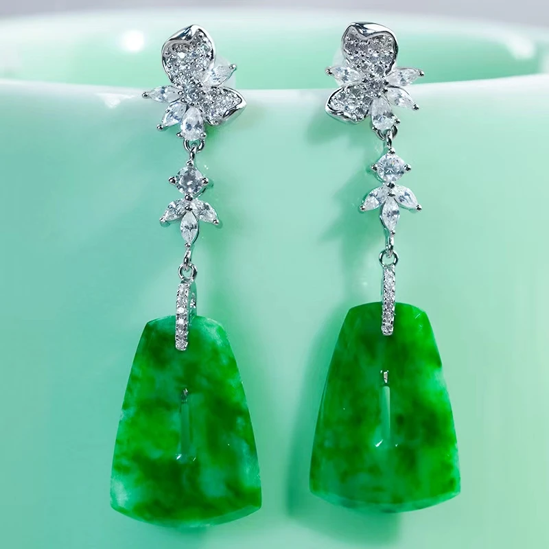 银镶嵌天然无事牌翡翠耳饰A货飘辣绿平安扣镂空花朵耳钉