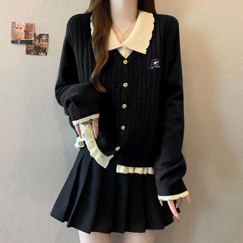 韩版女装复古POLO领假两件针织衫女秋冬新款设计感毛衣开衫外套潮