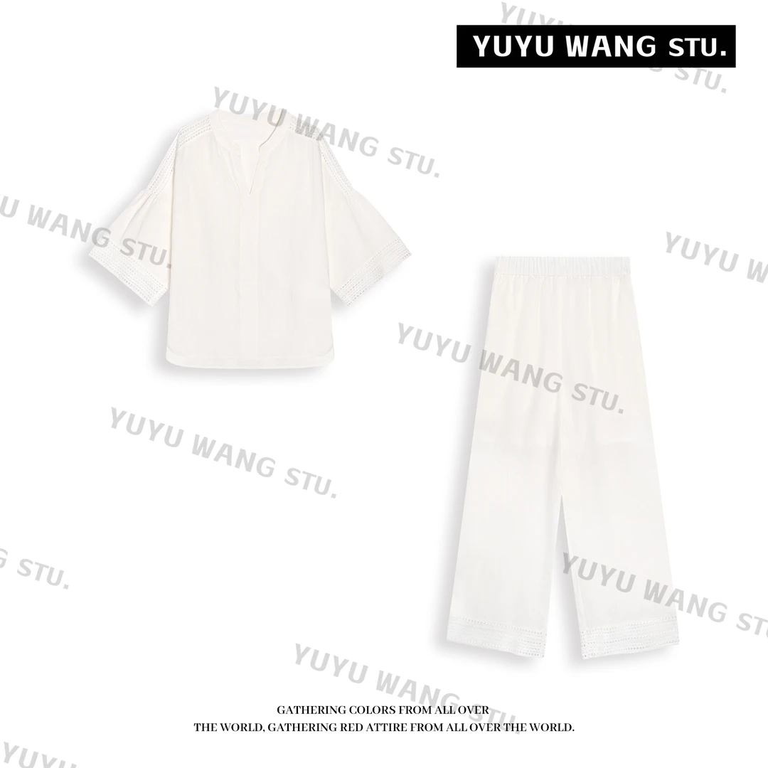 YUYU WANG【禅意】白色亚麻简约高级松弛感上衣长裤套装 RBC2FQ060