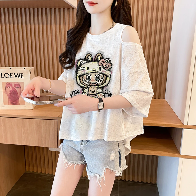 慵懒风扎染露肩短袖T恤女2025夏季韩版时尚网红洋气宽松卡通上衣