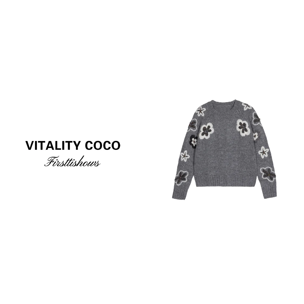 「VITALITY COCO」24冬季上新热卖高定刺绣圆领花朵针织毛衣-1654