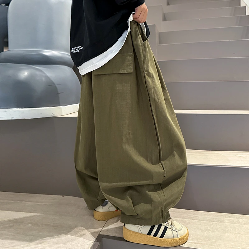 男童绿色慵懒阔腿裤春秋潮款2025新款儿童宽松大版灯笼裤中大童15