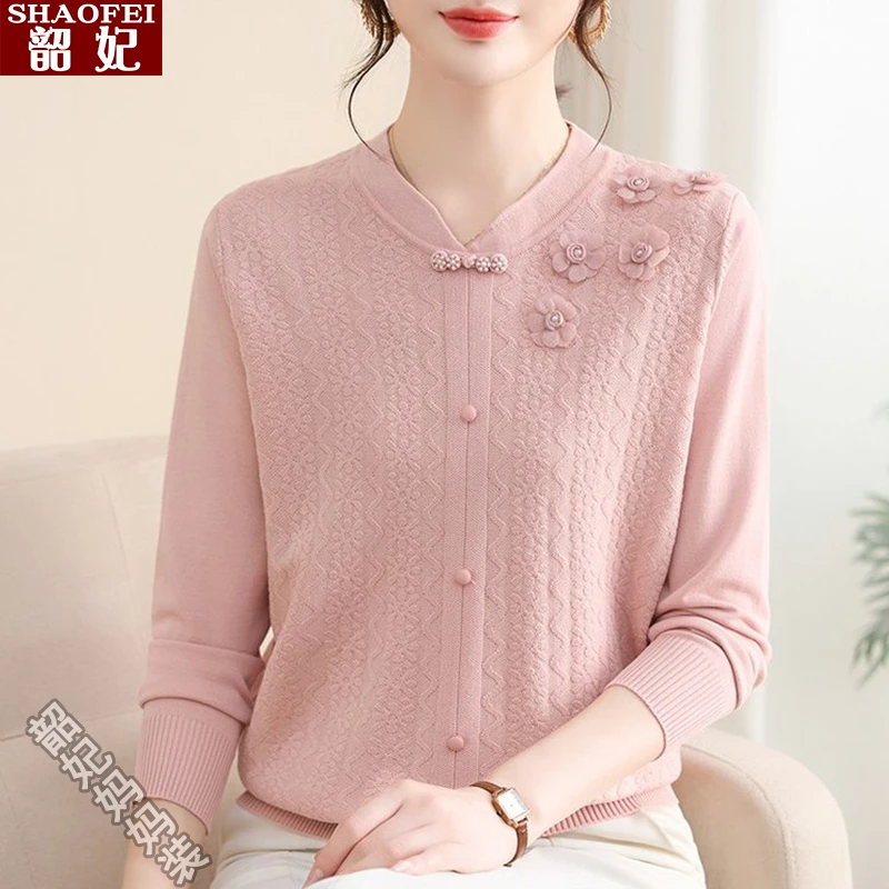 新中式妈妈装洋气打底衫中年女装秋装2025显年轻毛衣中年针织小衫