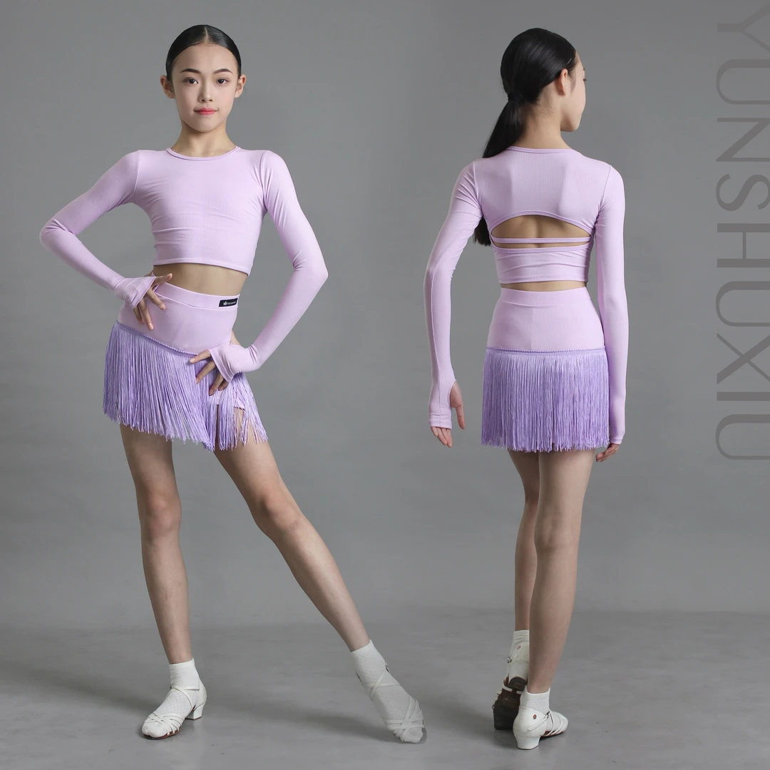 YSX云舒袖女童拉丁舞练功服淡紫螺纹棉连裤流苏分体套装显臂长