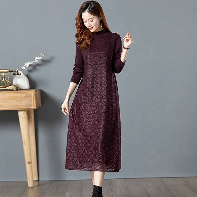 秋冬长款过膝连衣裙宽松大码针织打底衫中老年妈妈时尚显瘦毛衣裙