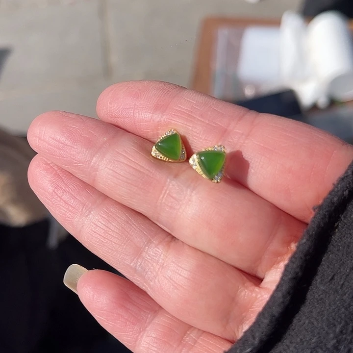 和田玉耳饰银S925镀金镶嵌