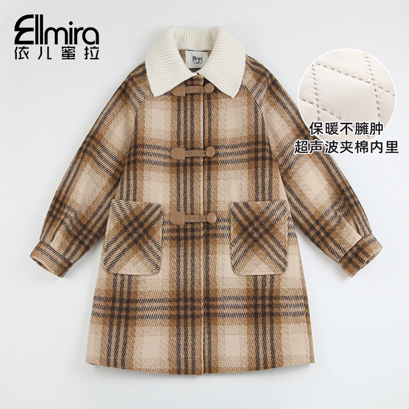 【大童】8856女童格子呢大衣冬装毛呢外套翻领夹棉中长款学院