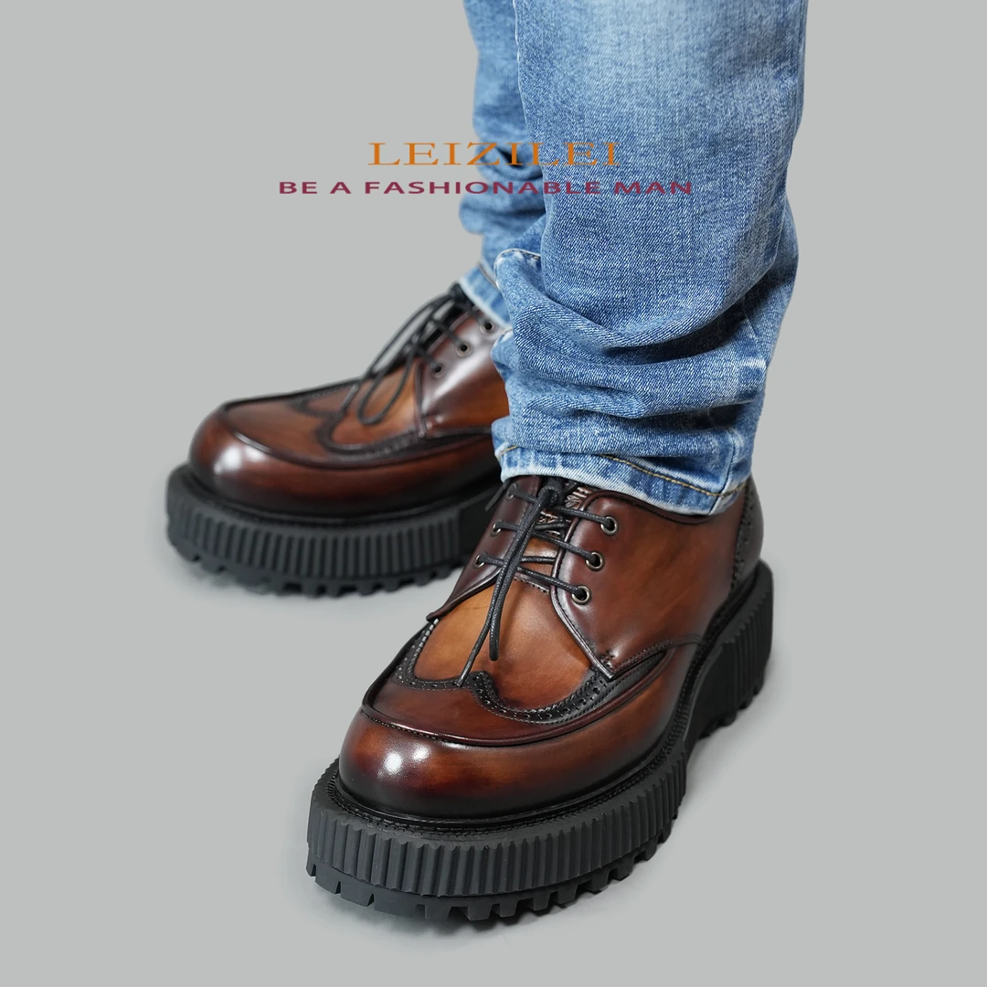 【霸王德比鞋】LEIZILEI手工擦色轻奢英伦布洛克厚底商务休闲皮鞋男