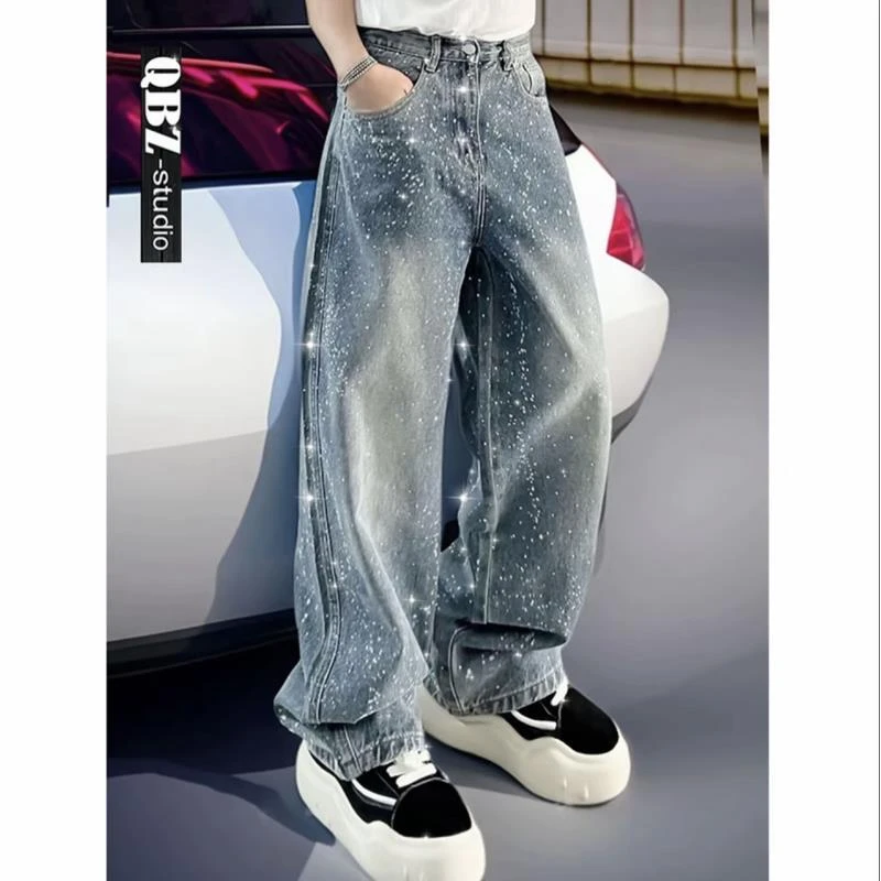 巴黎潮牌男士宽松直筒牛仔裤烫钻印花复古高街设计感亮片阔腿长裤