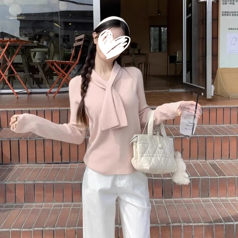 粉色飘带围巾领V领针织衫女秋冬内搭漂亮减龄修身气质打底上衣